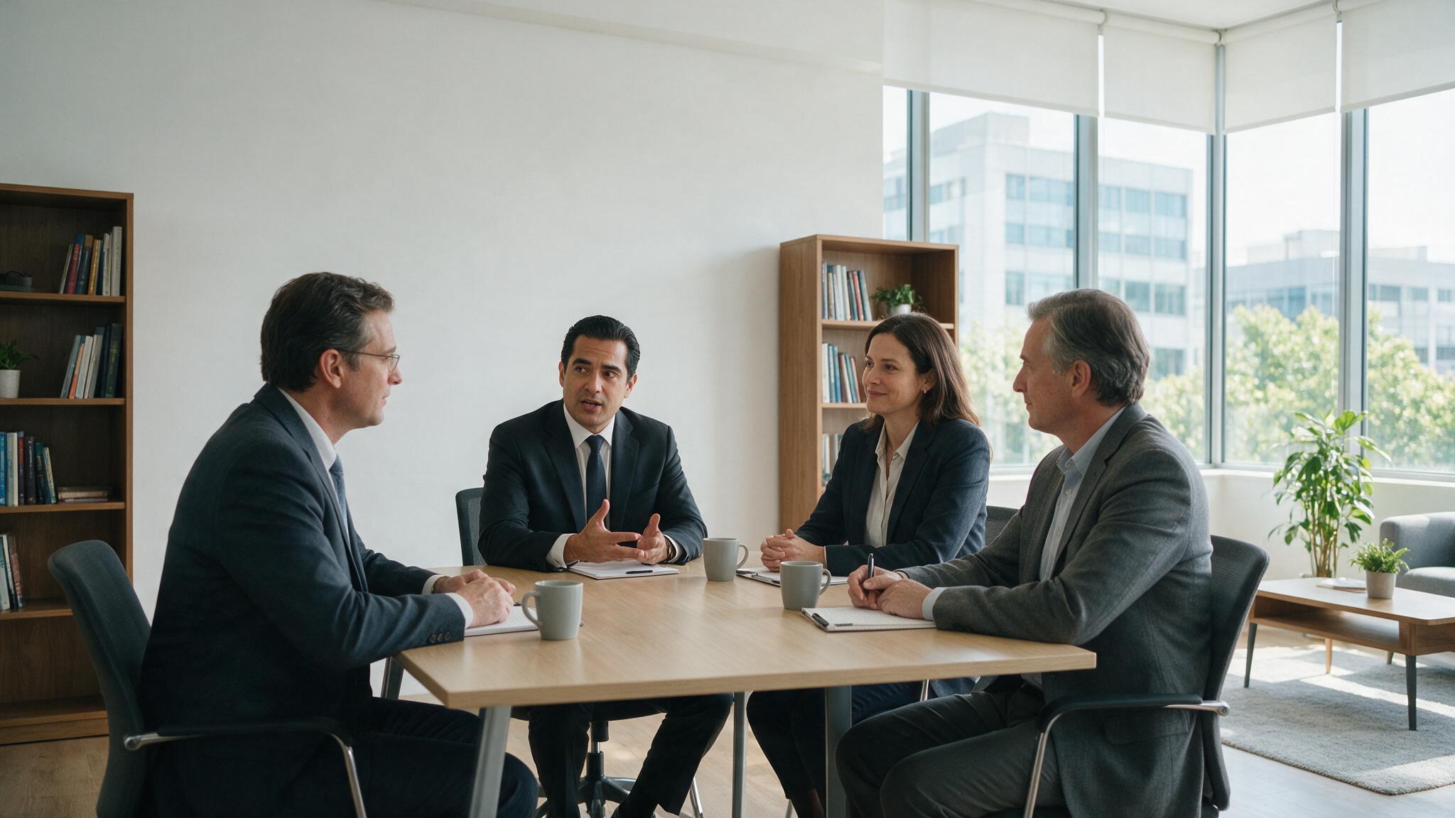 Abogado acompañando a su cliente en una reunión formal