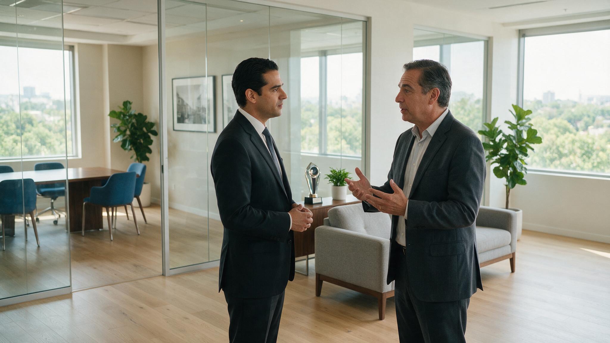 Abogado escuchando con atención a un empresario en las instalaciones de su negocio