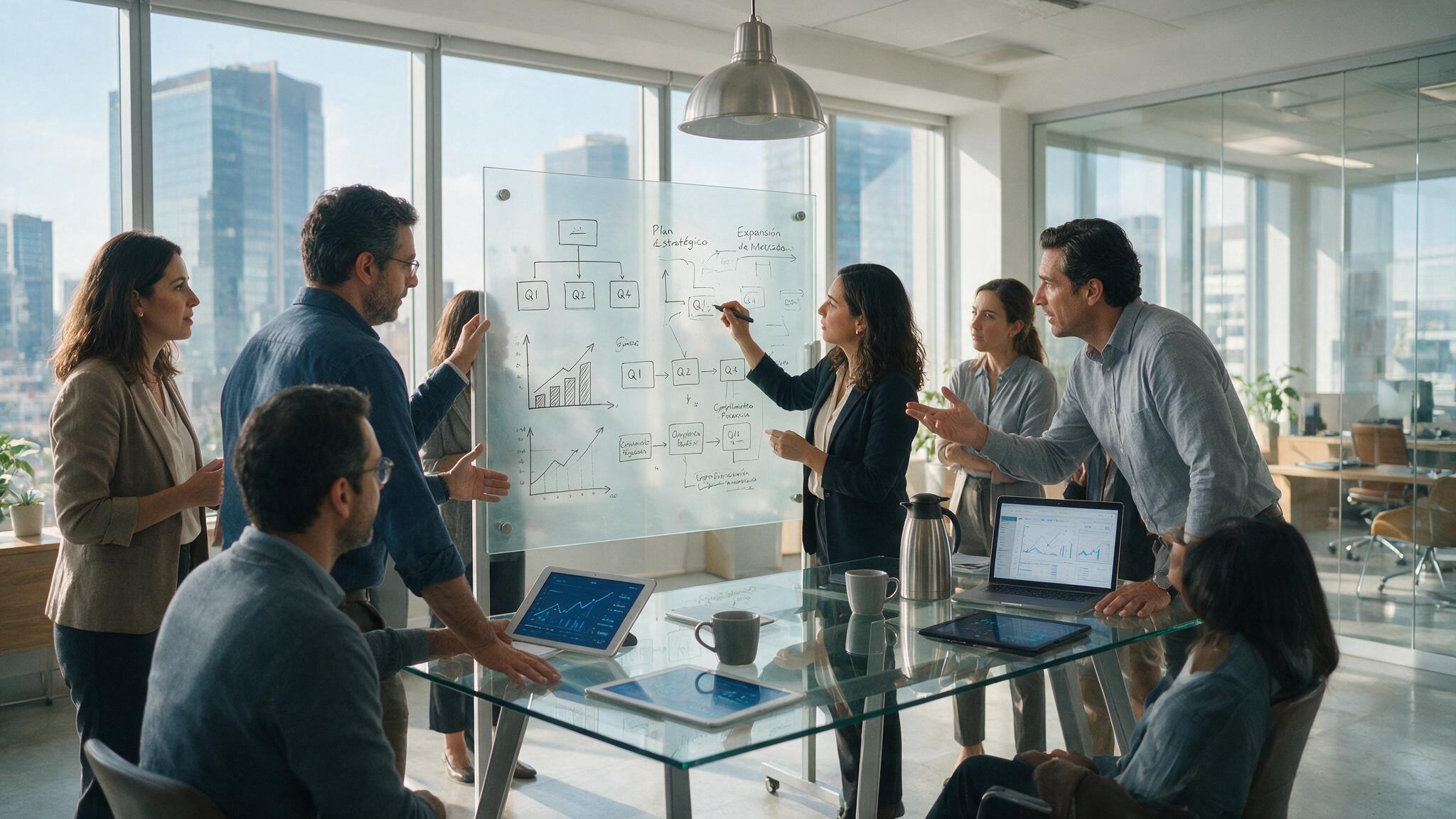 Equipo de profesionales planeando estrategias en una oficina moderna